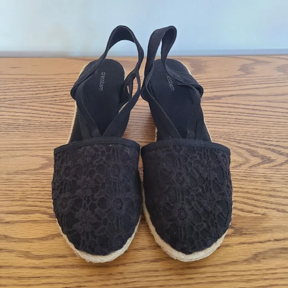 Dressbarn Taylor Black Lace Jute Heel Espadrille Wedge Sandals Size 8